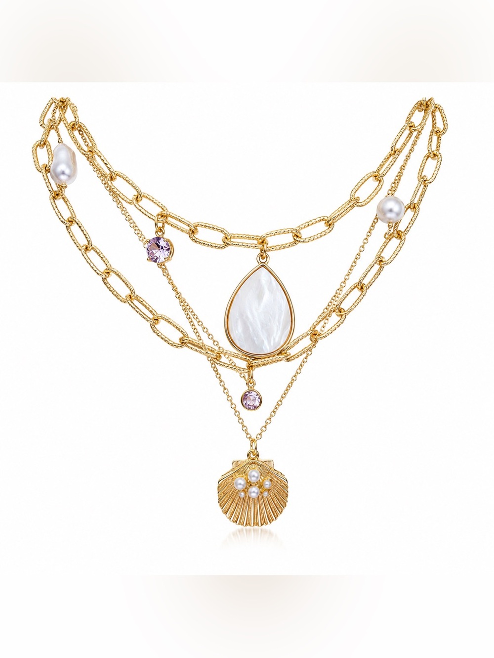 Zara Gold-Tone Layered Necklace with White Pearl Teardrop & Shell Charm